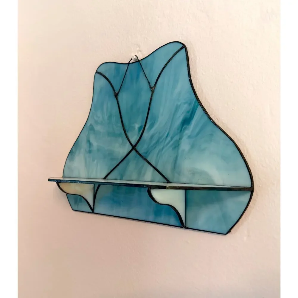 Handmade Blue and Pink Stained Glass Wall Shelf Tiffany Style 12in Curio Ledge